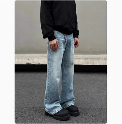 Men's blue retro straight jeans with whisker washing and flared leg detail