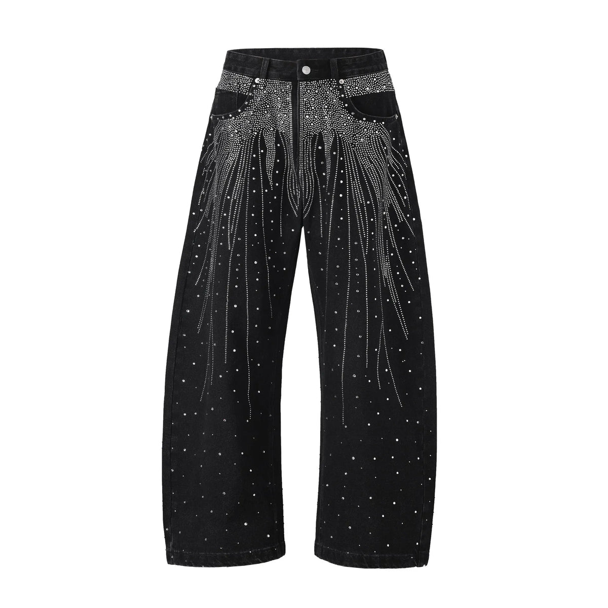 A pair of loose-fitting wide-leg casual trousers in blue on a mannequin.