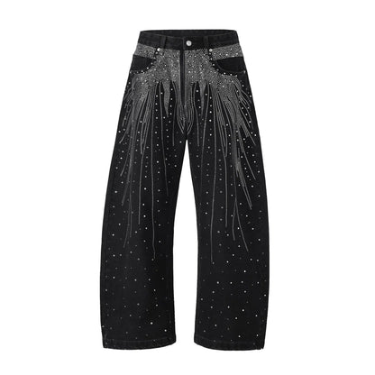 A pair of loose-fitting wide-leg casual trousers in blue on a mannequin.