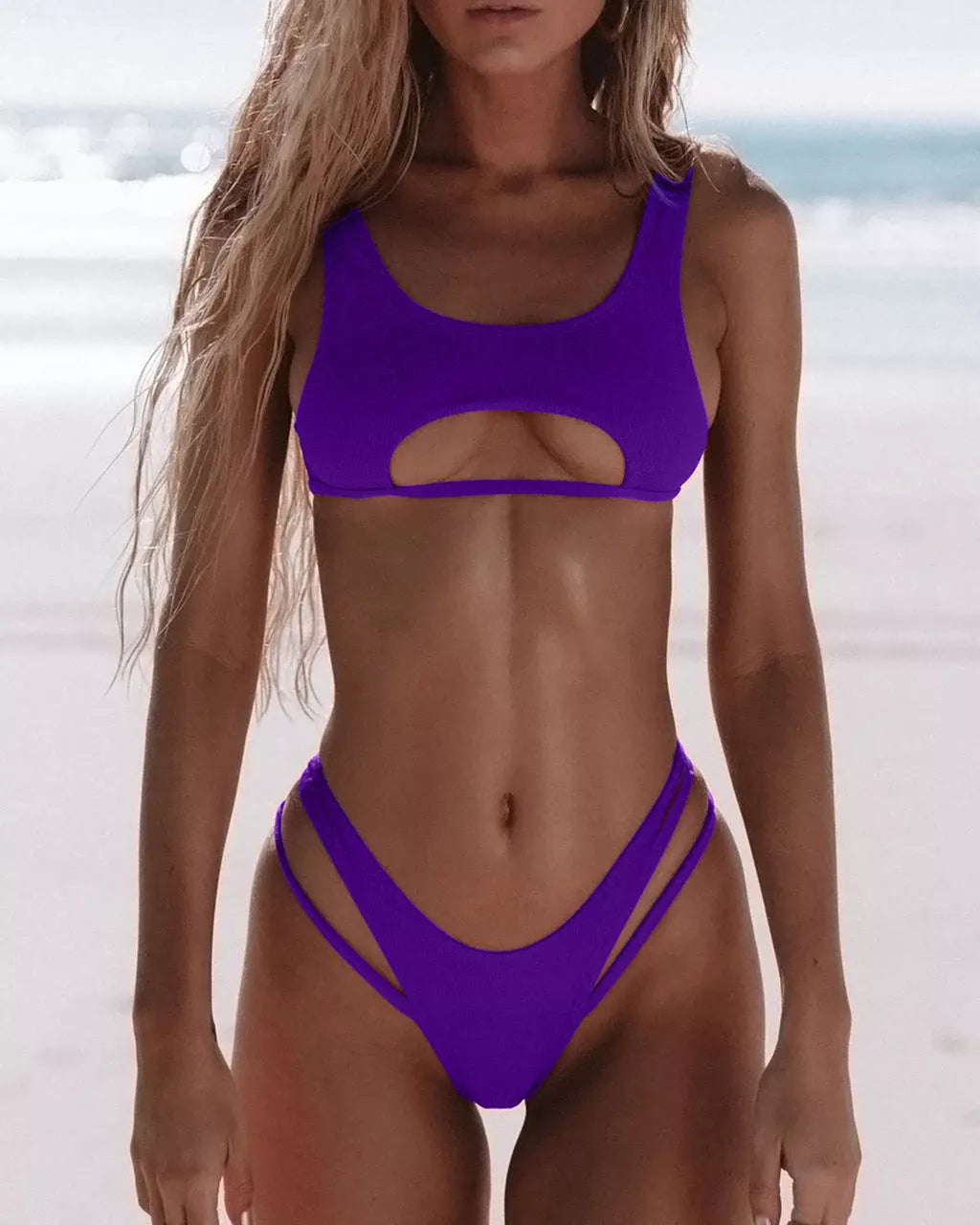 Women's solid color split swimsuit with unique snake fabric texture