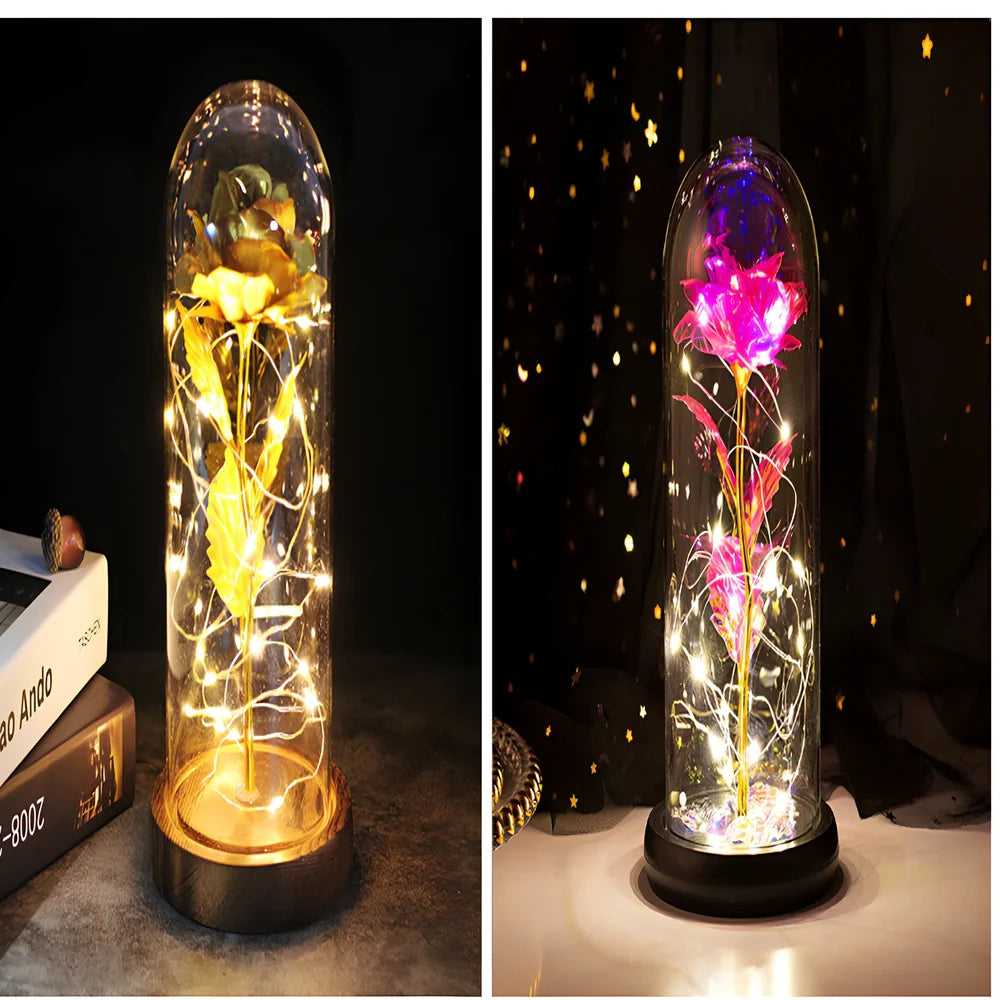Little Prince rose arrangement under 20x9cm glass dome with gold foil flowers