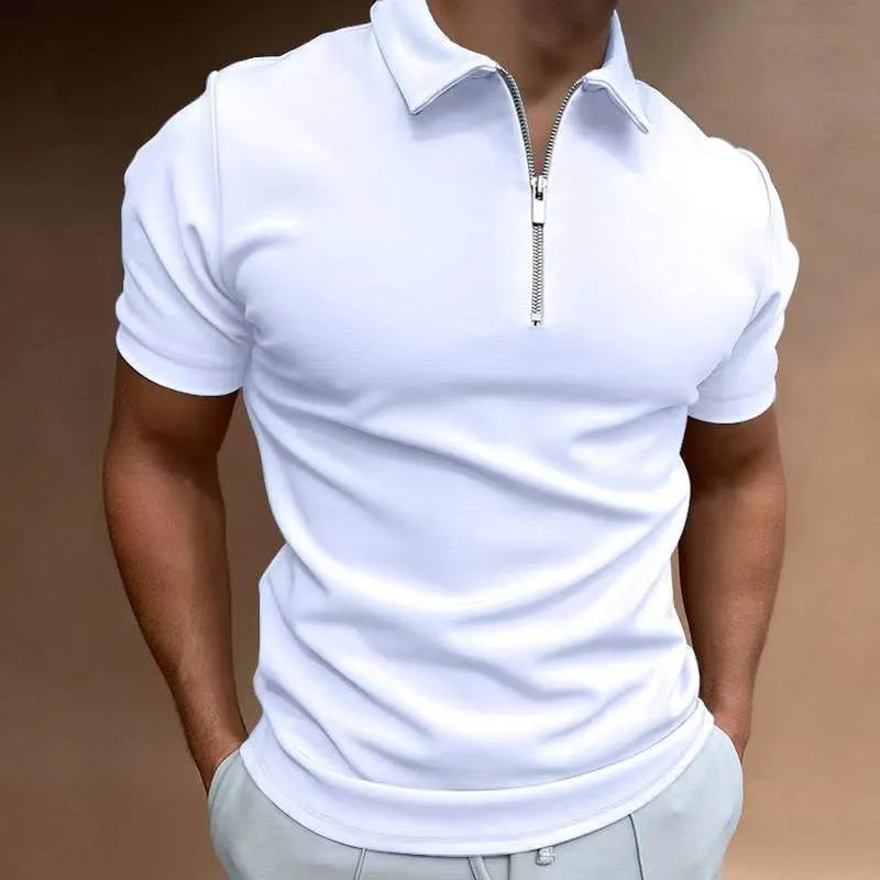 Men's casual short sleeve digital print polo shirt in navy blue, white, dark green, khaki, black, light blue, or light grey made from polyester fibre with a loose fit in sizes S to XXXL for leisure wear