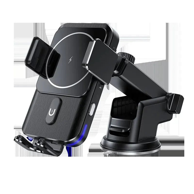 Car wireless phone charger holder with 15W fast charging in black, showing suction cup and clip mounting options
