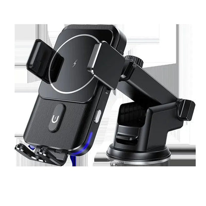 Car wireless phone charger holder with 15W fast charging in black, showing suction cup and clip mounting options