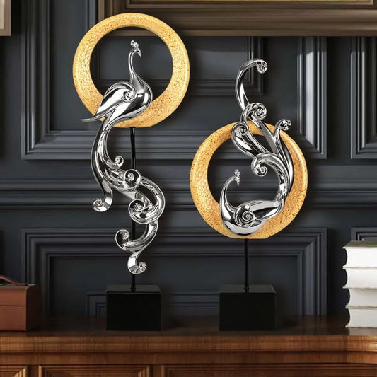 European-style phoenix ornament craft in synthetic resin with intricate detailing, available in festive red, rose gold, or elegant silver finishes