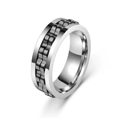 Men's titanium spinner ring with square texture and rotating gear in various colors