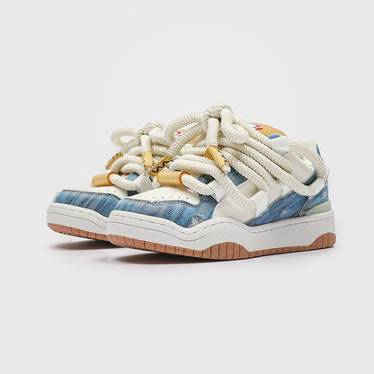 A pair of thick-soled casual lace-up shoes in a solid colour with a round toe and mesh lining.