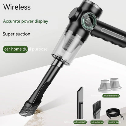 Black handheld vacuum cleaner with USB charging port measuring 25cm length for car and home dust removal