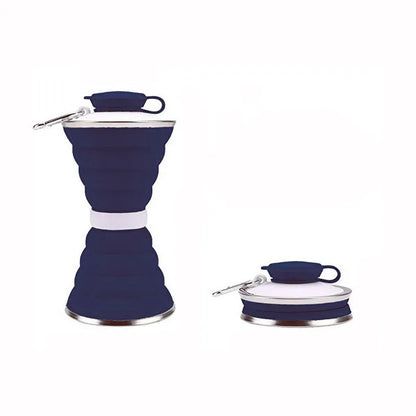 Collapsed and expanded states of a 500ml silicone water bottle with hook and hand rope.