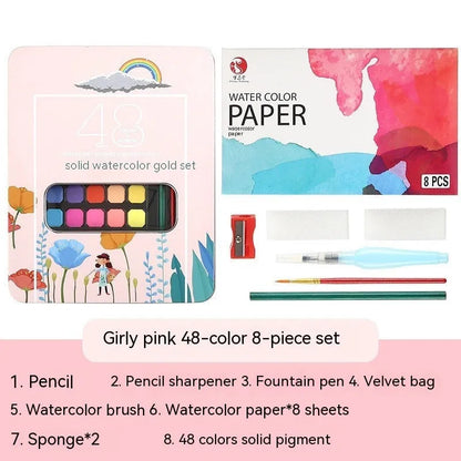 48 colour solid watercolour paint set showing Black Knight, Girl Pink and Sunshine Blue pigment blocks