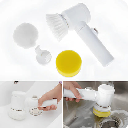Electric cleaning brush with five interchangeable heads for kitchen and bathroom cleaning tasks