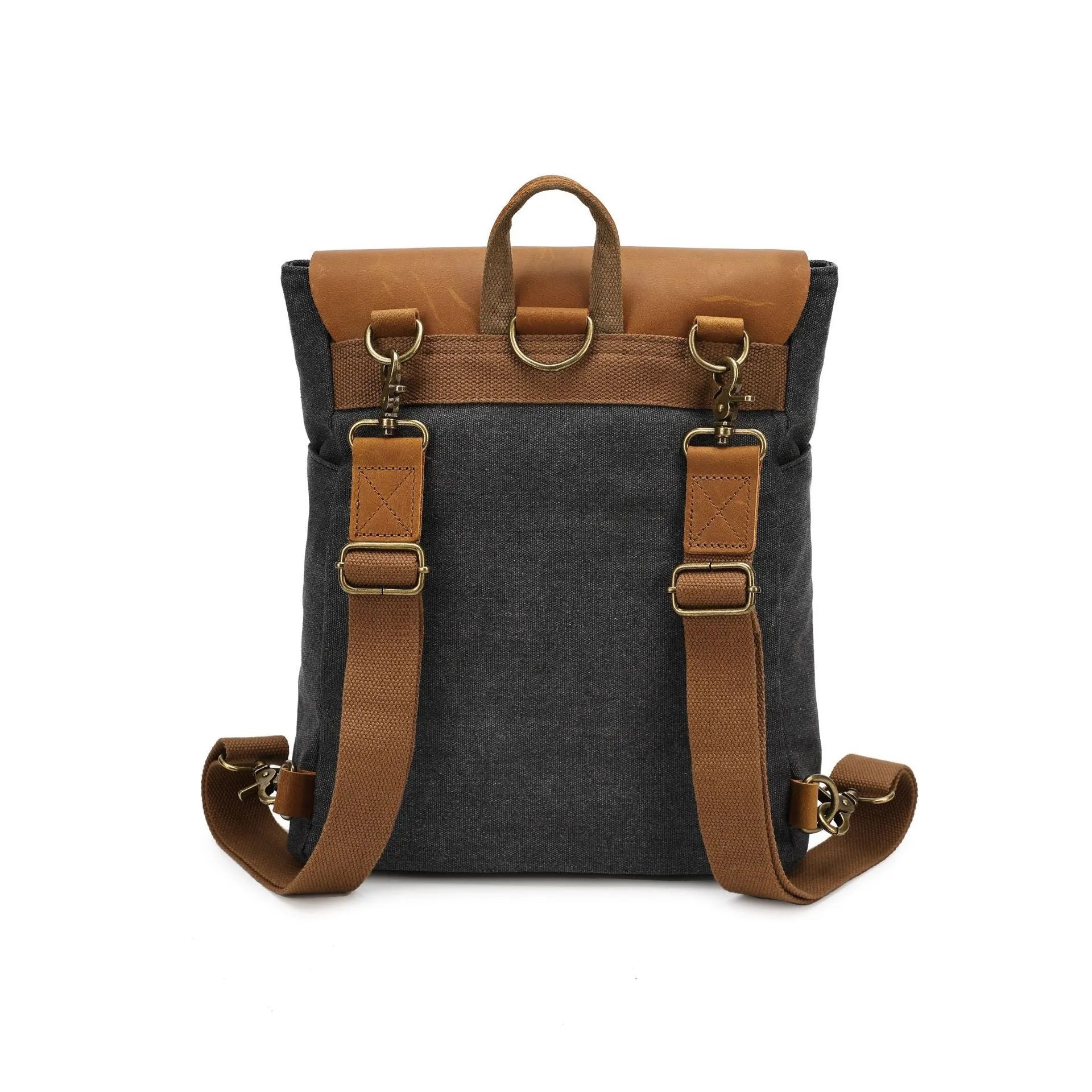 Crazy Horse leather trimmed waterproof canvas backpack in minimalist style, shown in multiple colour options.