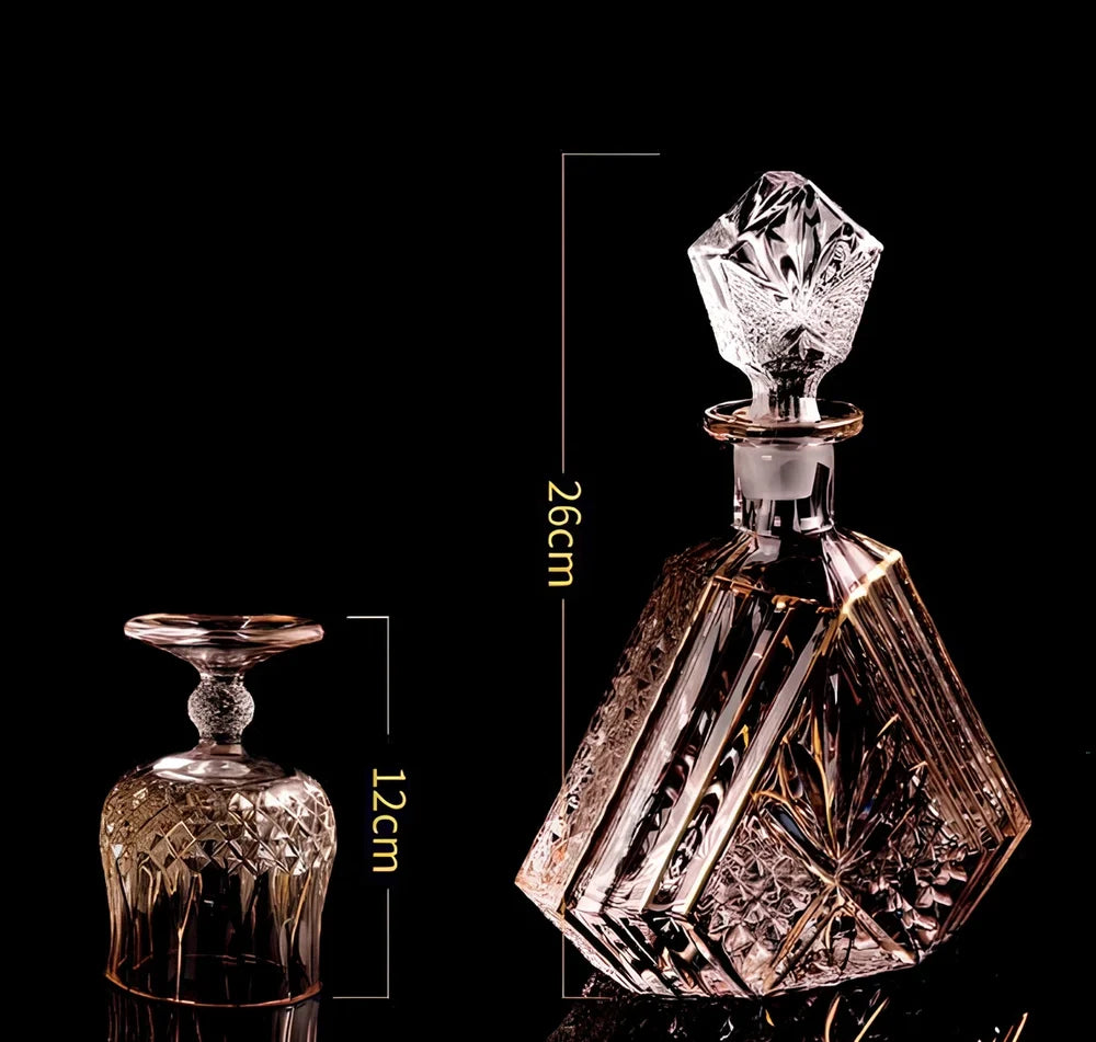 Chinese style yellow crystal glass whiskey and wine set with 7 pieces including glasses and bottles