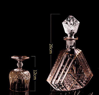 Chinese style yellow crystal glass whiskey and wine set with 7 pieces including glasses and bottles