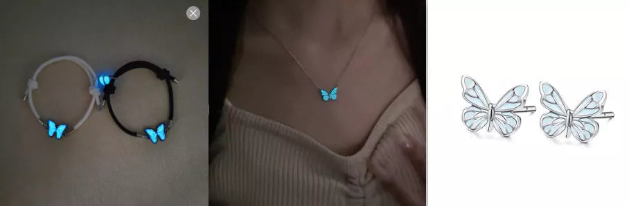 Glow-in-the-dark blue butterfly necklace and bracelet set for women, perfect for parties and gifts.