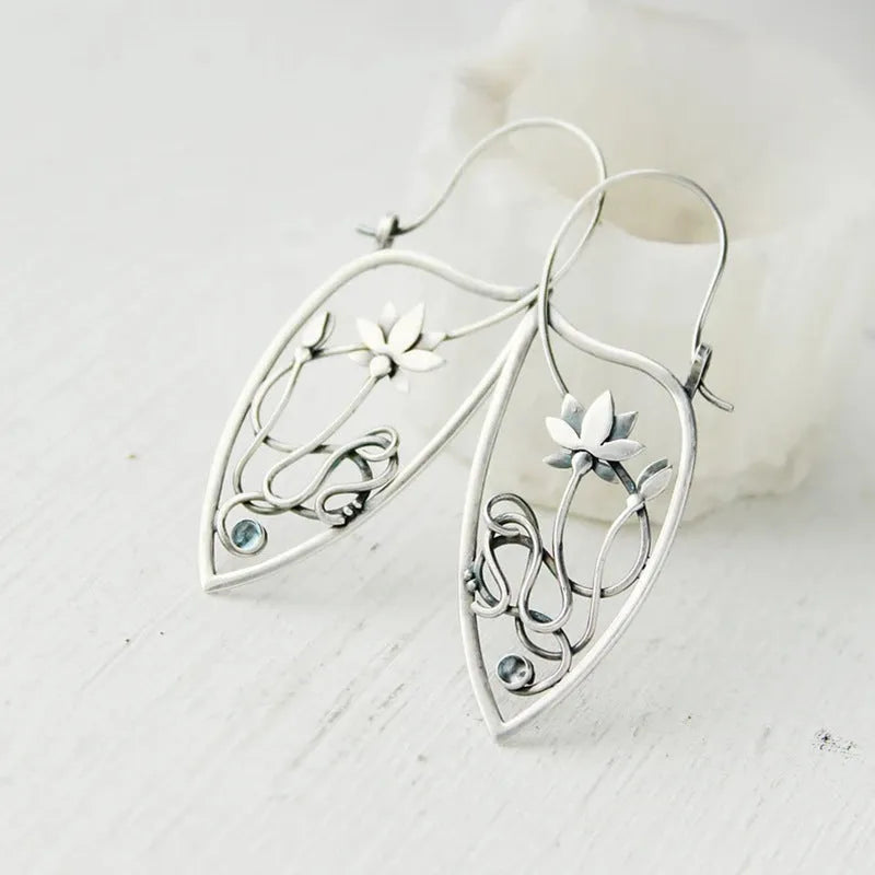 Alloy earrings with silver electroplating retro geometric lotus vine flower design featuring round rhinestones and drop style for women