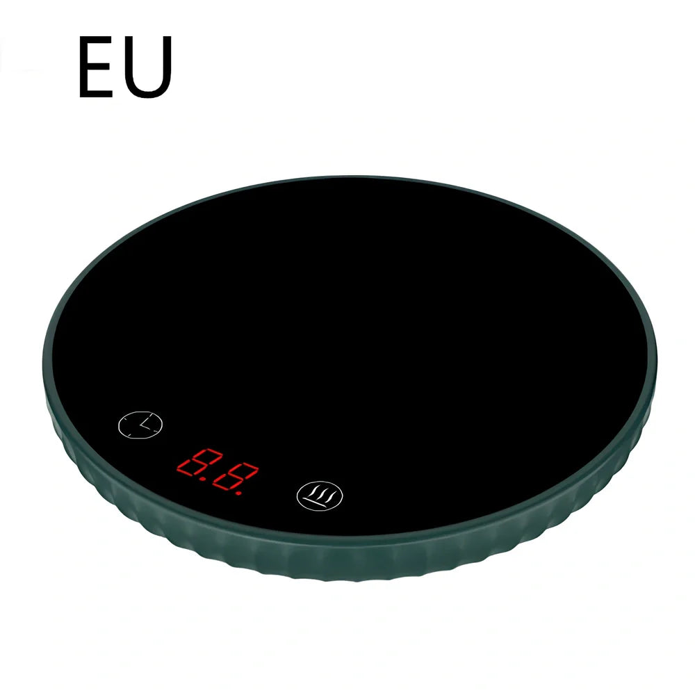 Black electric cup warmer with digital display showing temperature, 115mm diameter, 20mm thickness