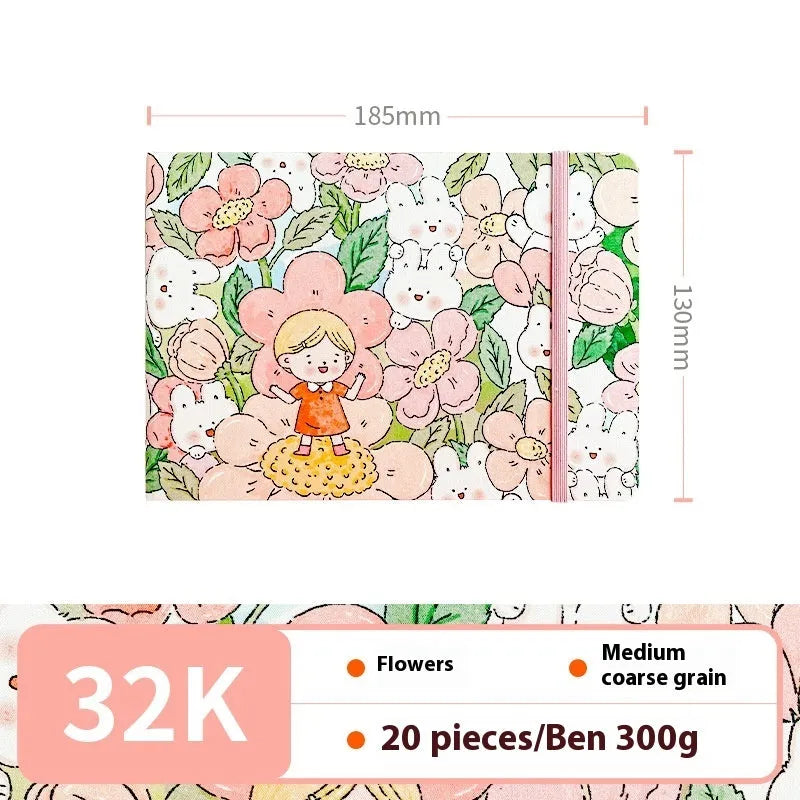 Feiluniao watercolour notebook with fabric cover, 185mm length, open to show paper for painting.
