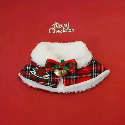 Pet wearing Christmas scarf with snowflake pattern, showing adjustable fit and holiday design details