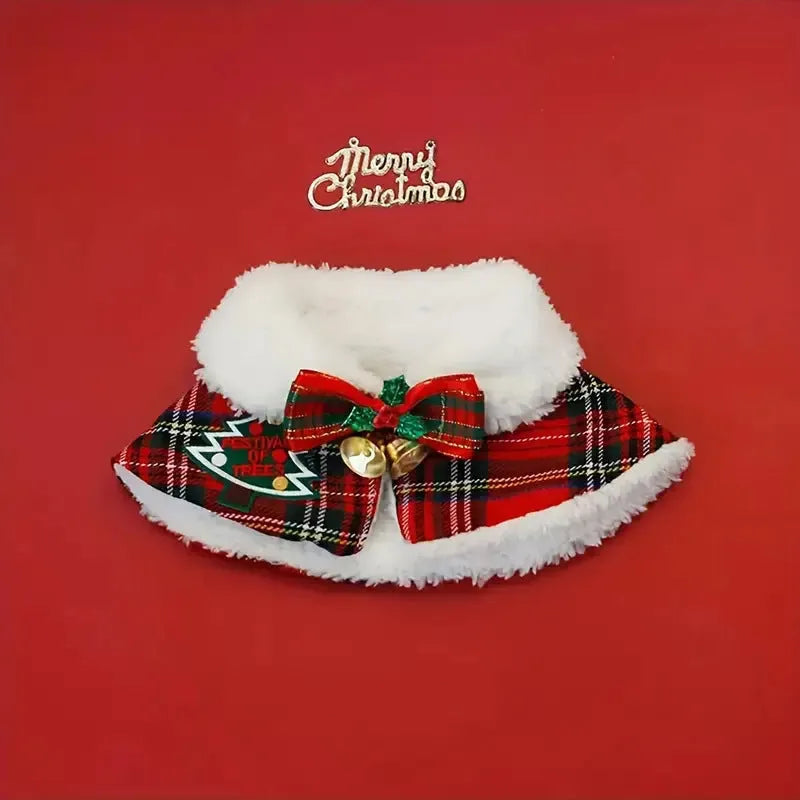Pet wearing festive scarf with snowflake bell design, red background, adjustable fit for winter warmth