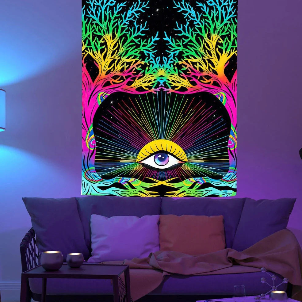 Fluorescent luminous polyester tapestry with psychedelic machine-woven patterns glowing under UV light