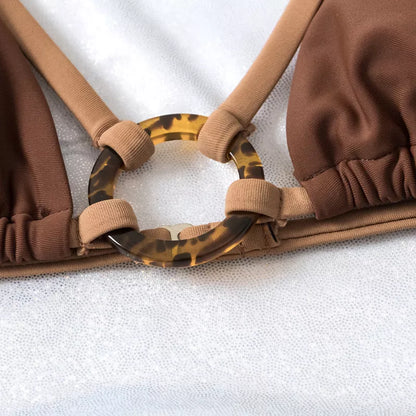 Solid color double-layer fabric split swimsuit in green and coffee, ideal for active women