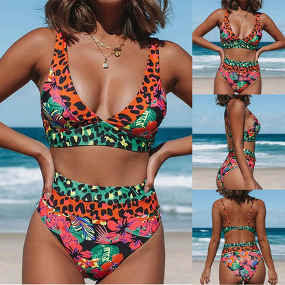Women's floral print high-waist bikini set for swimming activities