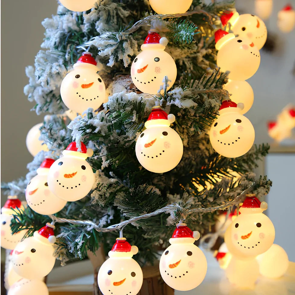 Snowman Christmas string lights with warm white glow, multiple power options, and remote control