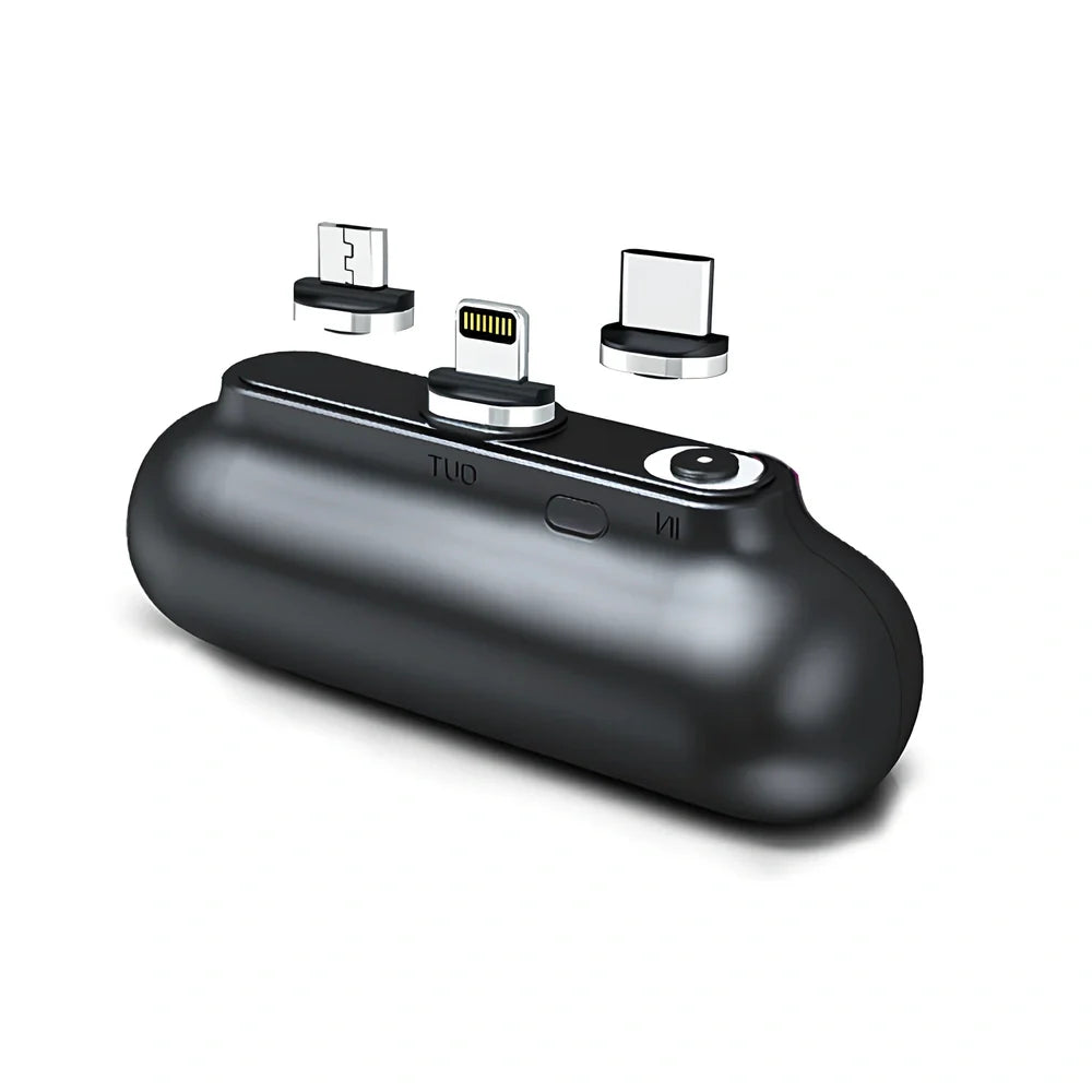 Black and white magnetic mini power bank showing compact dimensions and interchangeable charging heads