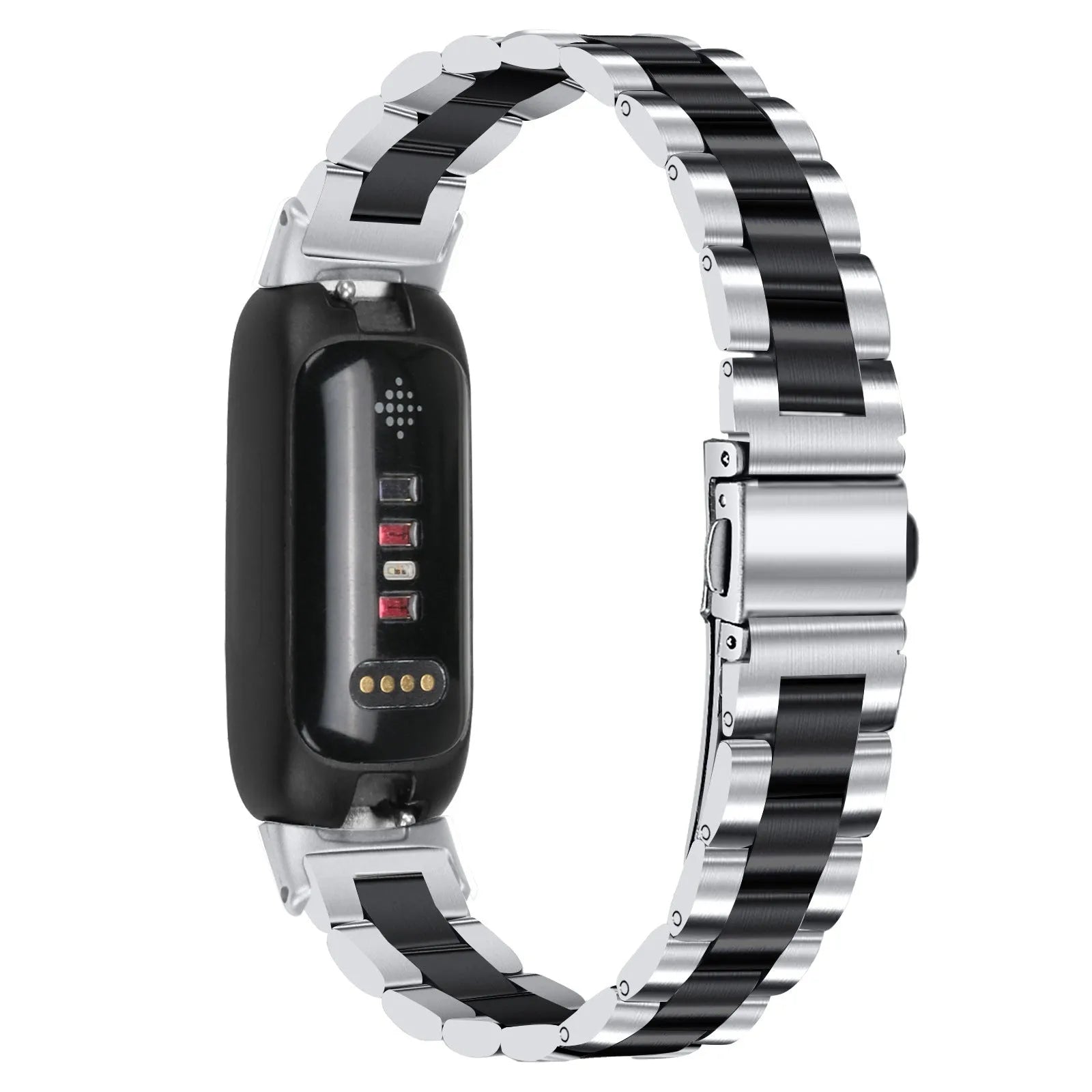 Three-bead stainless steel watch strap for Fitbit Inspire 3 in rose gold on a wrist