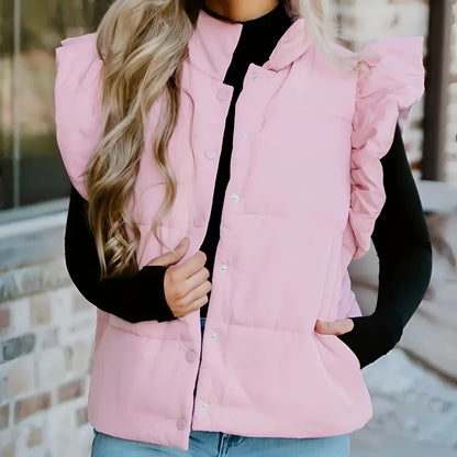Pink stand neck puffer vest with flutter sleeves and snap button front, sizes S to XL