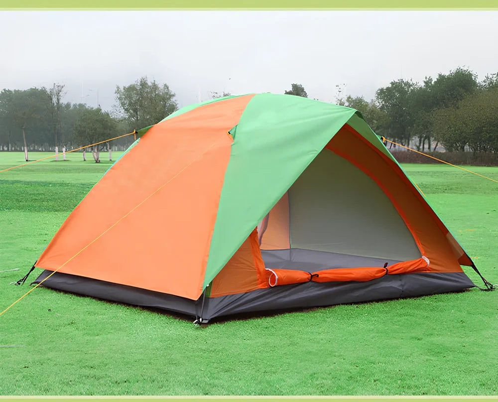 Orange blue double camping tent with reinforced frame showing 200x150x110cm dimensions and weatherproof features