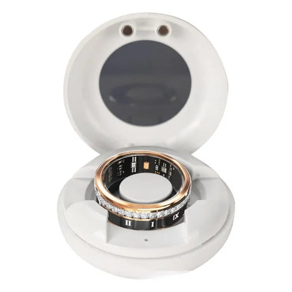 Gold and silver diamond-inlaid smart ring for blood oxygen monitoring on a finger.