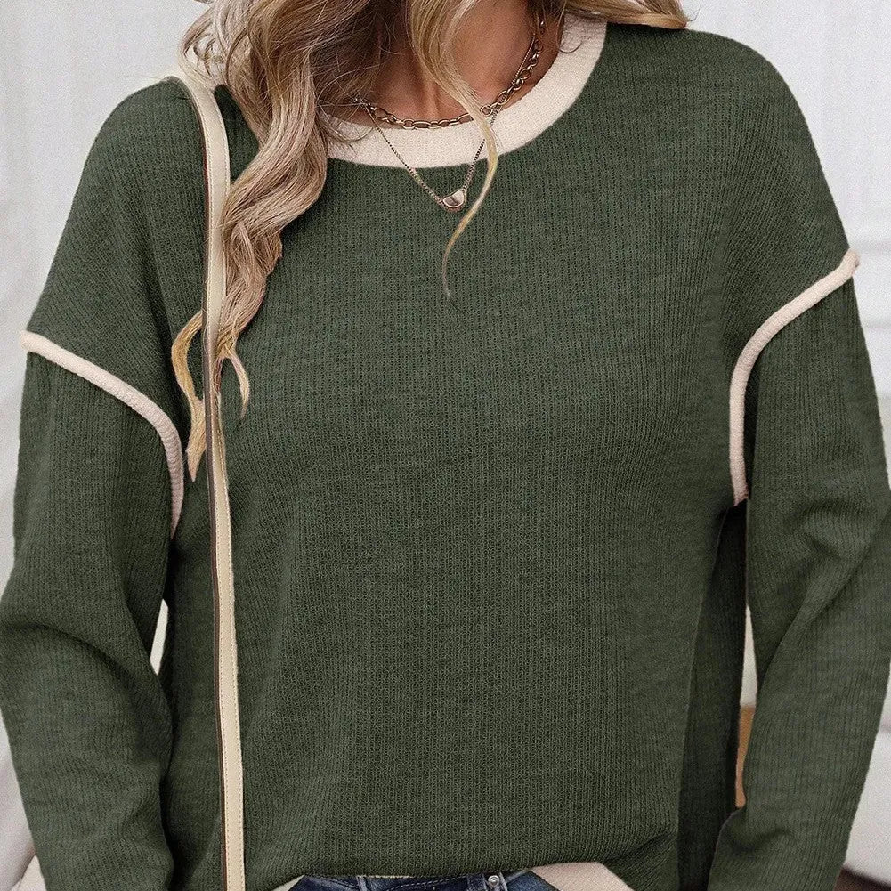 Four leaf clover pattern knit top with contrast trim in drop shoulder design
