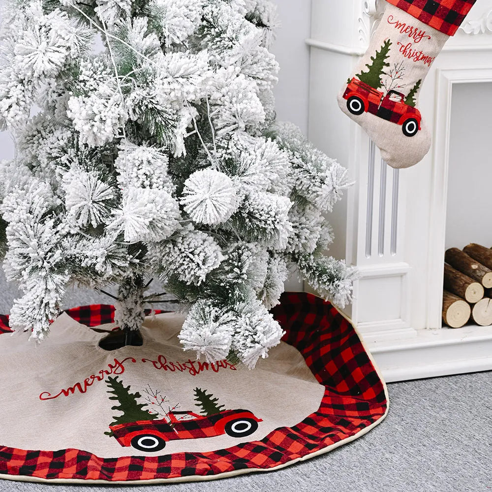 120cm circular car Christmas tree skirt in imitation linen cloth with mechanically sewn edges