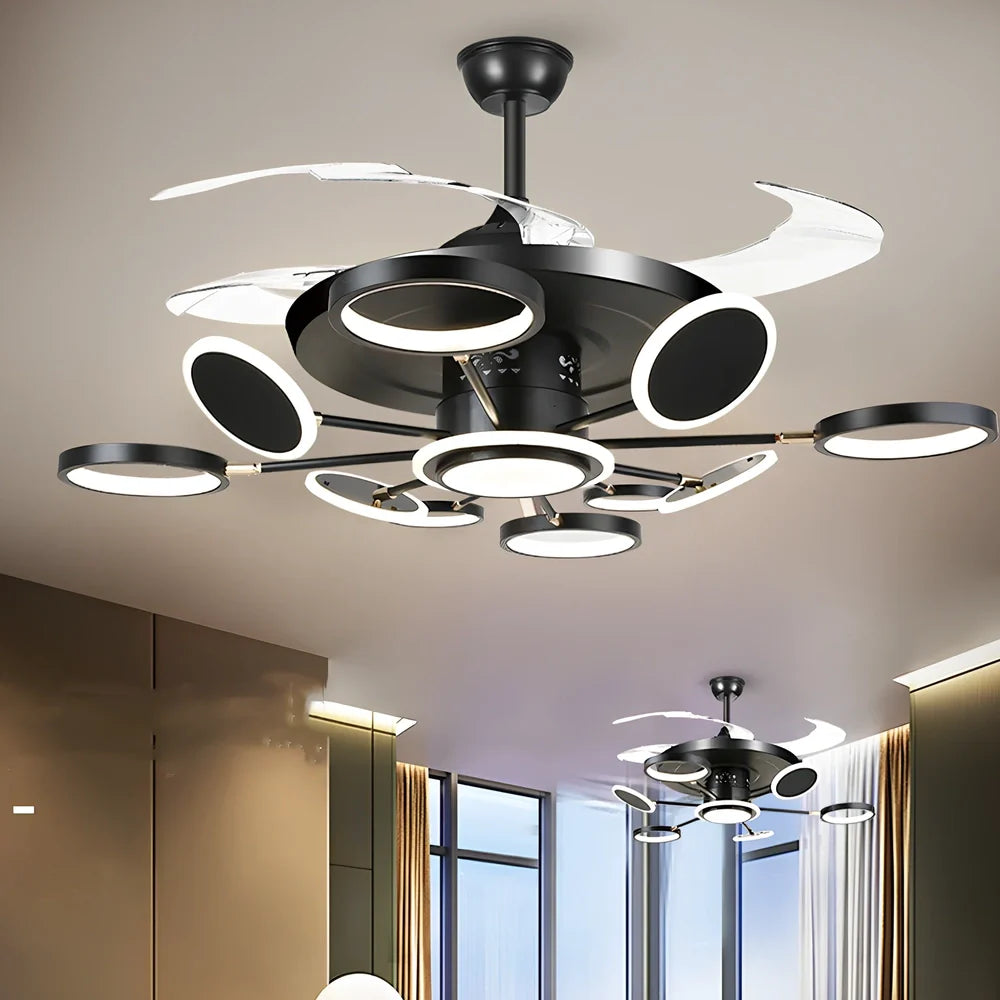 Nordic ceiling fan with 106cm blades and integrated LED light in black finish with remote control