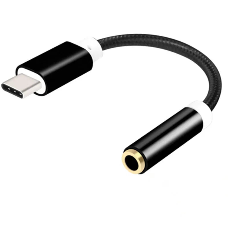 Weaving Type-C to 3.5mm audio adapter cable in four colour options showing connectors and nylon-braided 12cm cable