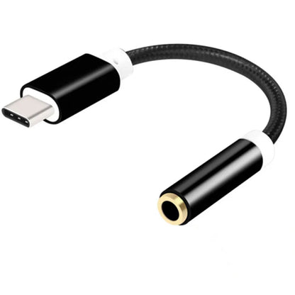 Weaving Type-C to 3.5mm audio adapter cable in four colour options showing connectors and nylon-braided 12cm cable