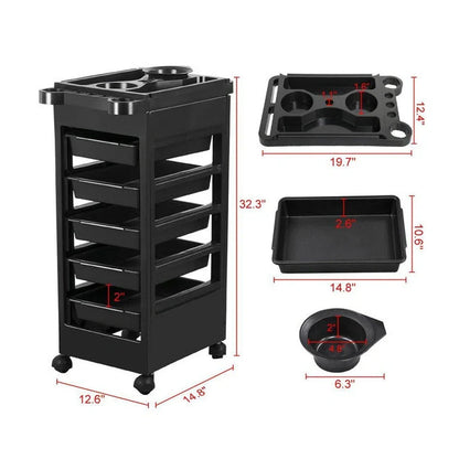 Black 6-layer hair salon tool car with plastic construction and wheels for mobile storage