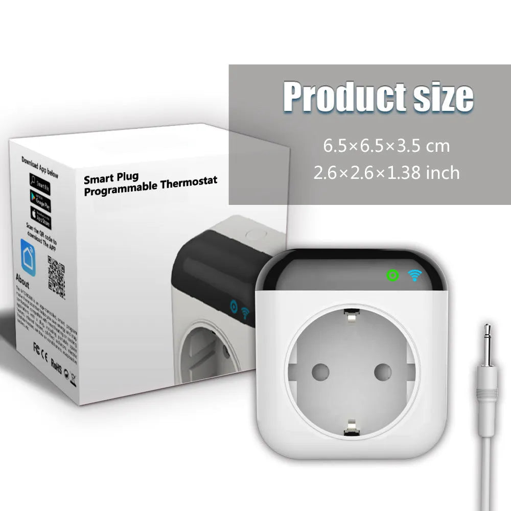 White Tuya smart temperature control socket with three US outlets and temperature sensor probe