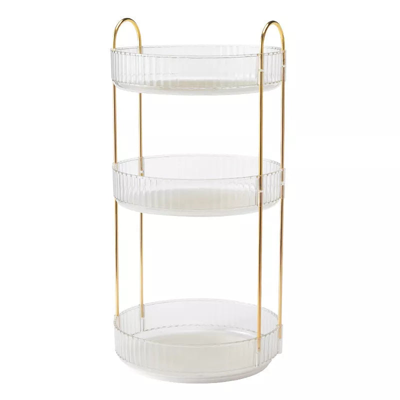 3-layer rotating cosmetic shelf in green, yellow, or white for bathroom organization