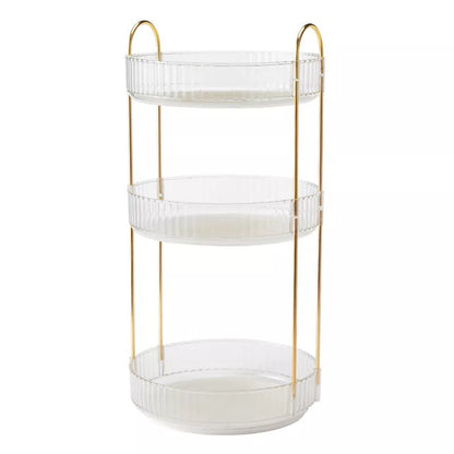 3-layer rotating cosmetic shelf in green, yellow, or white for bathroom organization