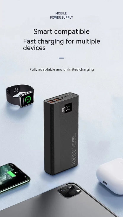 Black or white large capacity power bank showing its portable size and charging port.