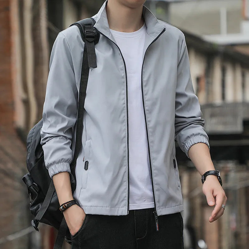 Korean-style loose lapel autumn jacket in black, grey, blue, dark blue, or navy blue with zipper pockets