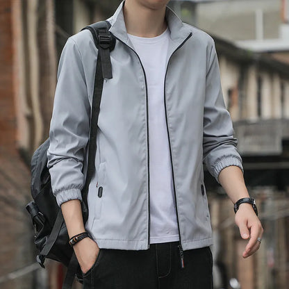 Korean-style loose lapel autumn jacket in black, grey, blue, dark blue, or navy blue with zipper pockets
