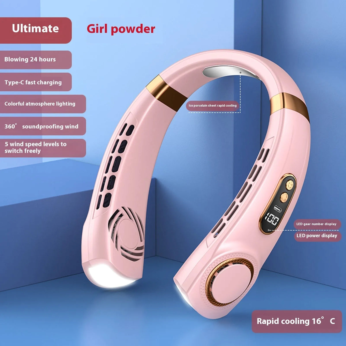 Hanging neck mini fan in Black, Blue, Pink, or White with USB power, brushless motor, and five speed gears