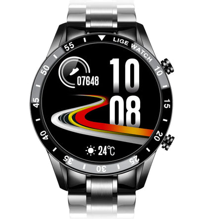 Black and silver stainless steel smart watch with a 1.3-inch screen showing step counter.