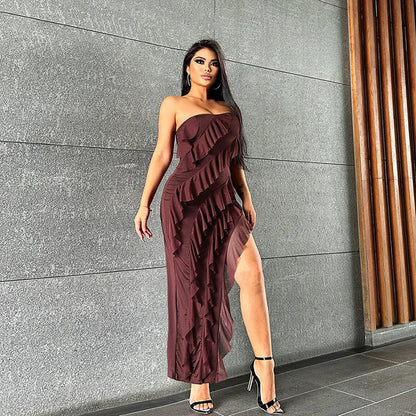 Backless cocktail dress with tassel and split details, available in various colors including black, wine red, red, and brown