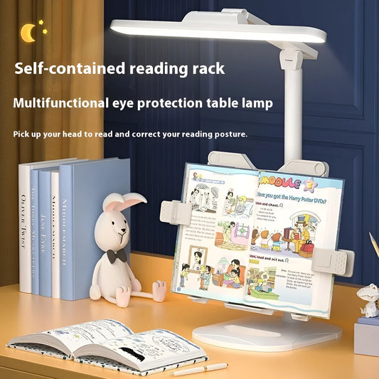 Multifunctional adjustable reading table lamp with colour temperature control on a bookshelf