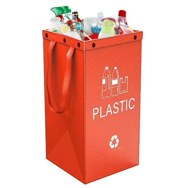 Handbag-style 40-litre garbage bin in blue, showing sorting compartments and 30x50x30cm dimensions